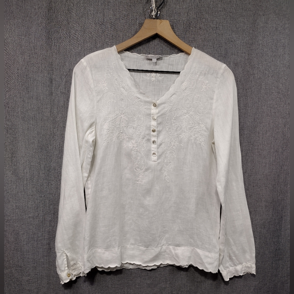 Mossimo Dutti 100% Linen Embroidered Floral Top Womens S White Cottagecore Retro